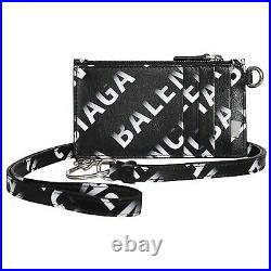 New Balenciaga Black All-Over Logo Leather Keychain Neck Card Holder Wallet Bag