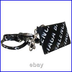 New Balenciaga Black All-Over Logo Leather Keychain Neck Card Holder Wallet Bag