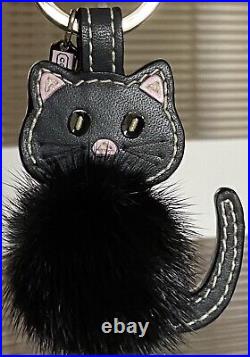 New Coach Black/pink Leather Cat Mink Puff Puff Bag Charm/fob/keyring