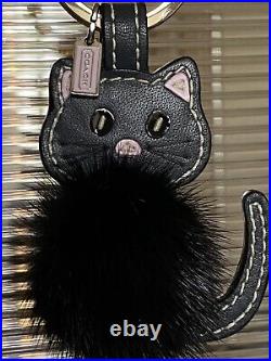 New Coach Black/pink Leather Cat Mink Puff Puff Bag Charm/fob/keyring