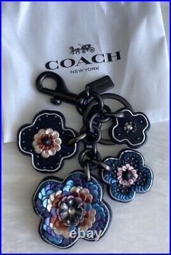 New Coach Tea Rose Black/multi Sequin Bag Charm Keyring Fob 32672
