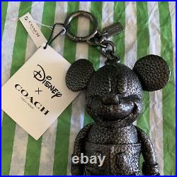 New Coach X Mickey Mouse Pebbled Black Leather Silver Accents 6 Key/fob Chain