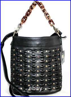 New FRYE Jade Bucket Studded Crossbody Bucket Bag Black Leather Brass Hardware