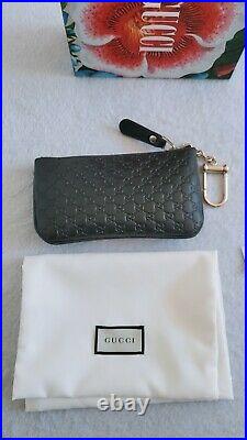 New Gucci Microguccissima Logo Leather Zip Top key chain coin case wallet black