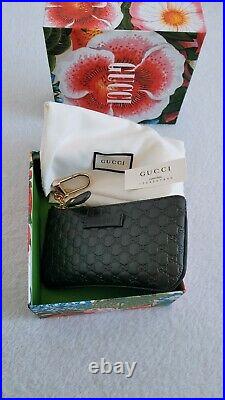 New Gucci Microguccissima Logo Leather Zip Top key chain coin case wallet black