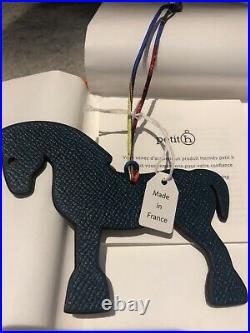 New HERMES H Petite Large Togo Epsom Leather Horse Bag Charm Black Blue Nuit