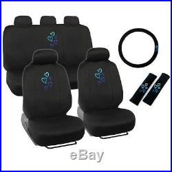 New Love Blue Hearts Car Front Back Seat Covers Floor Mats Lanyard Keychain Set