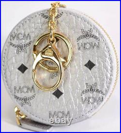 New MCM $205 Silver Black Visetos Canvas Round Coin Purse Wallet and Key Chain