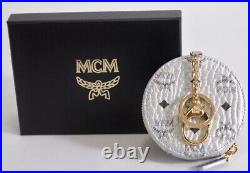 New MCM $205 Silver Black Visetos Canvas Round Coin Purse Wallet and Key Chain