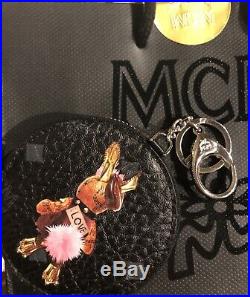 New! MCM Rare Coin Key Chain Bunny Love Black Leather Monogram Warranty Cards