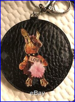 New! MCM Rare Coin Key Chain Bunny Love Black Leather Monogram Warranty Cards