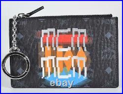 New MCM Visetos Canvas Geo Graffiti Black Visetos Mini Zip Coin Wallet Key Chain