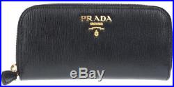 New Prada Black Leather Logo Zip Around Card Case Key Holder Wallet