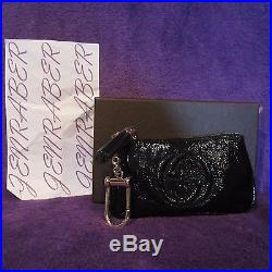 Nib $300 Auth Gucci Black Gg Patent Leather Key Chain Bag With Zipper Pouch