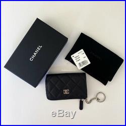 Nib Chanel Black Quilted Leather Silver CC Wallet Key Chain O-coin Purse