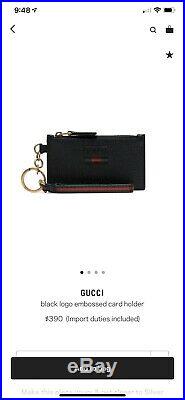 Nib Gucci Black Gg Logo Embossed Web Wallet Card Holder Keychain With Strap