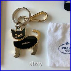 PRADA Authentic BAG CHARM KEYRING KEY HOLDER Cat Motif Black Gold Accessories