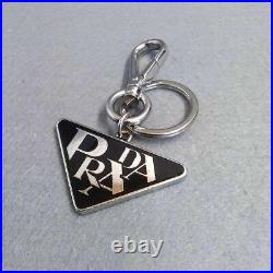 PRADA Authentic Keyring Chain Keychain Logo Triangle Plate Black Silver Color