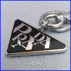 PRADA Authentic Keyring Chain Keychain Logo Triangle Plate Black Silver Color