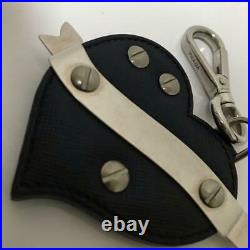 PRADA Black Leather Heart Bag Charm Key Ring Keychain Excellent