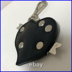 PRADA Black Leather Heart Bag Charm Key Ring Keychain Excellent