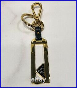 PRADA Gold Plated Black Leather Logo Geometric Key Chain