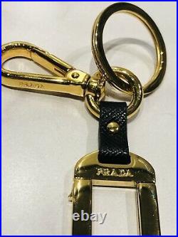 PRADA Gold Plated Black Leather Logo Geometric Key Chain