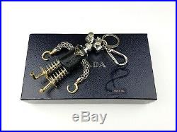 PRADA Hook Black Saffiano Leather Brass Robot Keychain Charm Trick NIB