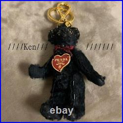 PRADA Key ring Key holder chain Bag charm AUTH Bear Black Heart Plate Box F/S