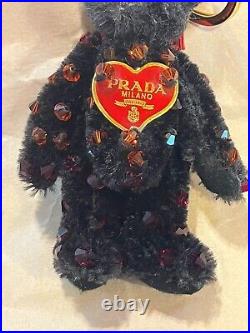 PRADA Key ring Key holder chain Bag charm AUTH Bear Black Heart Plate F/S