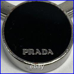 PRADA Key ring Key holder chain Bag charm AUTH Black Silver Circle Medal Coin FS