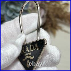 PRADA Key ring Key holder chain Bag charm AUTH Black Silver triangular Plate F/S
