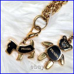 PRADA Necklace Dog Bear Bag Charm Key Chain Ribbon Gold Black Brown Pendent