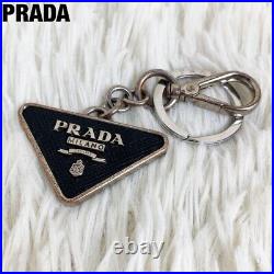 PRADA Triangle Logo Metal Plate Saffiano Black Key Chain Bag Charm Keyring USED