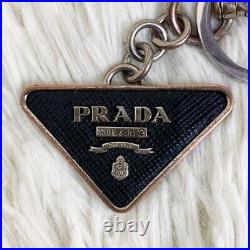 PRADA Triangle Logo Metal Plate Saffiano Black Key Chain Bag Charm Keyring USED