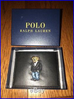 Polo Ralph Lauren3 Pc Black Leather Polo Bear Bifold Wallet, Keychain, Card Set