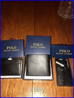 Polo Ralph Lauren3 Pc Black Leather Polo Bear Bifold Wallet, Keychain, Card Set