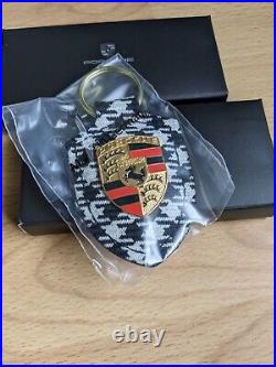 Porsche Crest Key Ring Houndstooth Pepita Rare Collectible Key Chain