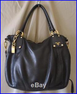 Prada Black Leather Large Bag with Keychain 100% Authentic