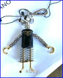 Prada Black Leather and metal robot bag charm key chain 1TR250