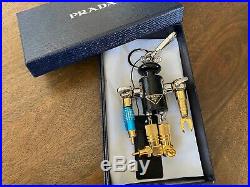 Prada Black Leather & metal robot bag charm key chain 1TR252