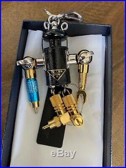 Prada Black Leather & metal robot bag charm key chain 1TR252