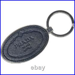 Prada Key Chain Accessory Ring Logo Embossed Leather Metal Black Silver