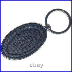 Prada Key Chain Accessory Ring Logo Embossed Leather Metal Black Silver