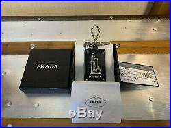 Prada Men's Key Chain Black Saffiano Leather Metal Building Emblem & Box Italy