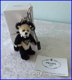 Prada black & white rhinestone teddy bear key chain ring fob signed box & COA