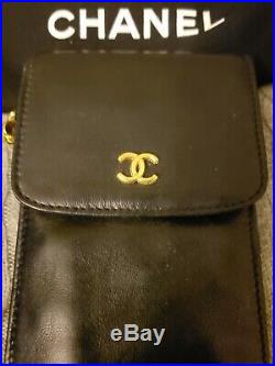 RARE CHANEL CC Logo Black Leather Slim Card Case Holder ID Coin Bag Key Chain