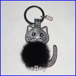 RARE! COACH Leather Mink Fur Black Cat Kitten Keychain Key Ring Fob #92945
