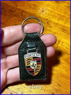 RARE OFFICIAL 1964-69 Porsche Enameled Key Fob Crest Black Leather Keychain