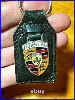 RARE OFFICIAL 1964-69 Porsche Enameled Key Fob Crest Black Leather Keychain